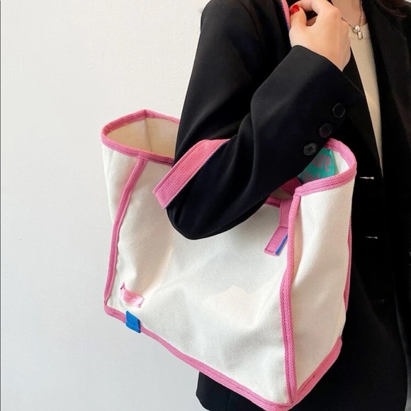 Canvas tote shoulder bag cotton Multiuse pink purple green trim contrast - Picture 1 of 11